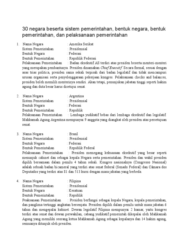30 Negara Beserta Sistem Pemerintahan Pdf
