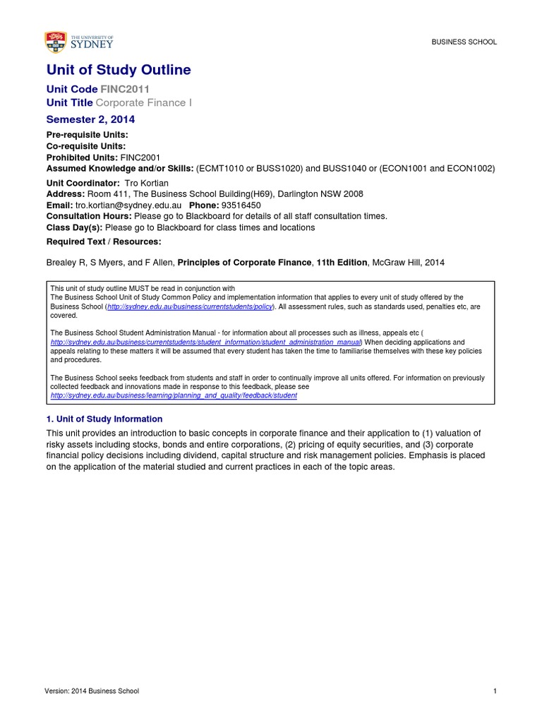 UoS Outline FINC2011 SEM2 2014 Approved | PDF | Educational Assessment ...