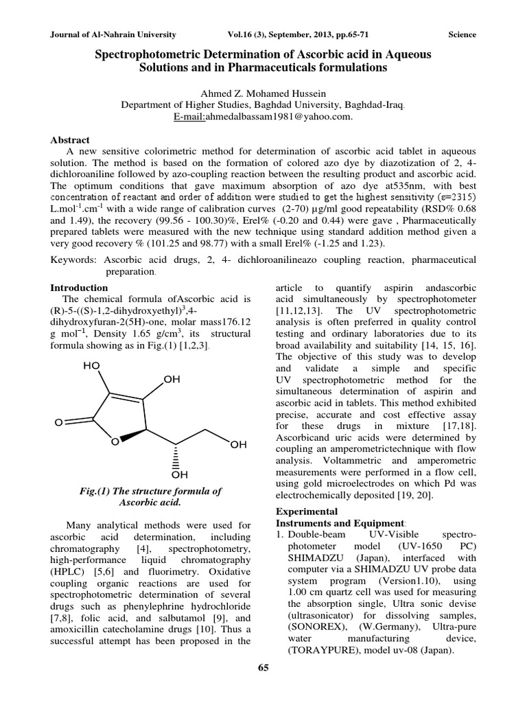 Spectrophotometric Determination of Ascorbic acid in Aqueous Solutions