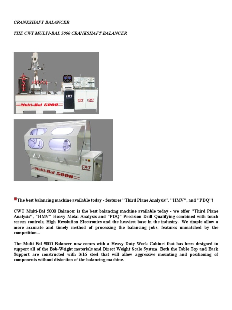 Crankshaft Balancer The CWT MultiBal 5000 Crankshaft Balancer PDF Drill Machining