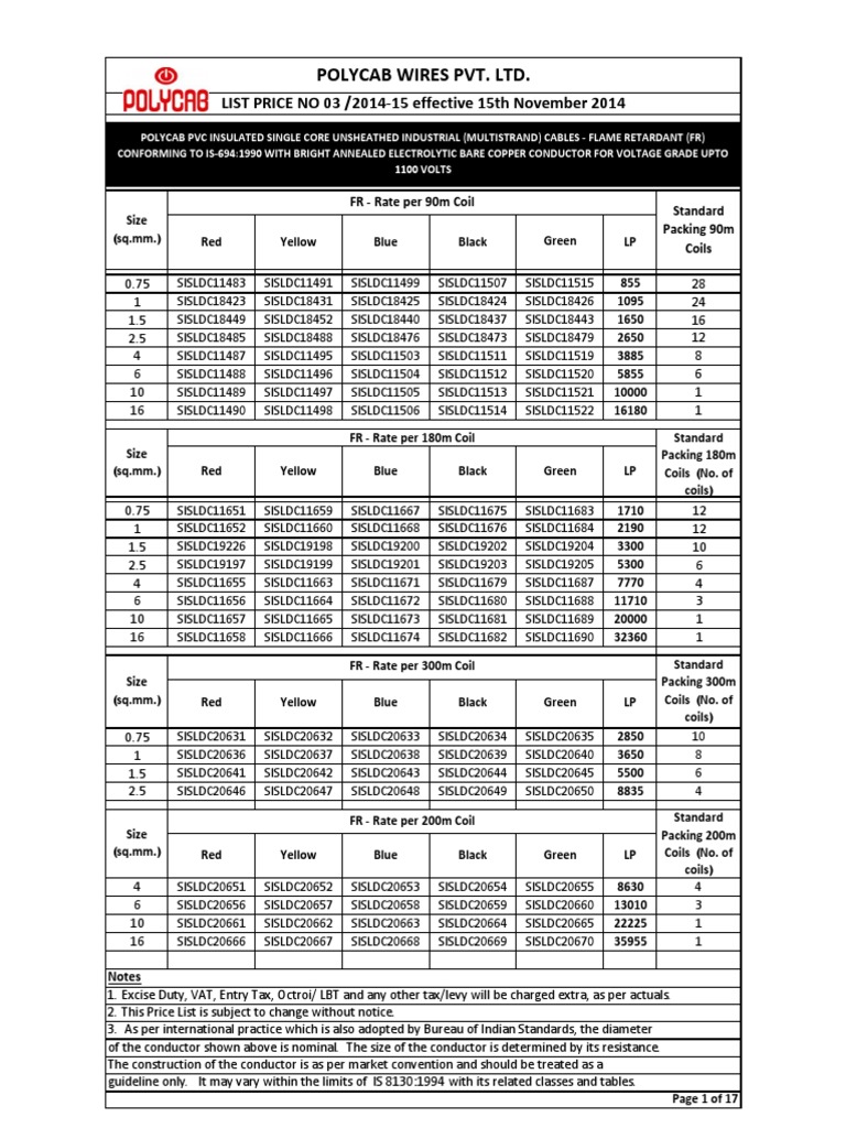 Polycab Cables 2015 Rates PDF Coaxial Cable Electrical Conductor