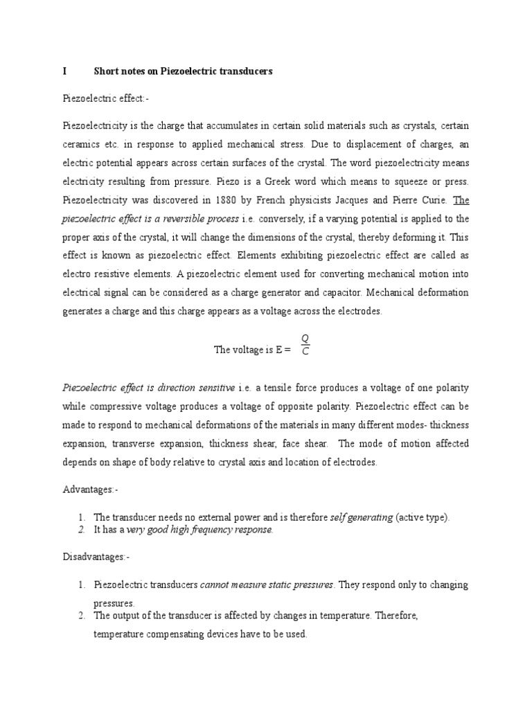 Short Notes On Piezo Electric Transducers PDF Piezoelectricity