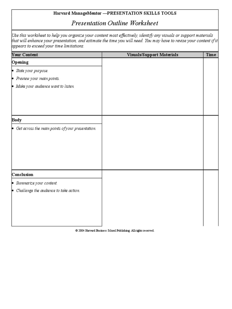 Presentation Outline Worksheet: Harvard Managementor - Presentation Skills Tools | PDF