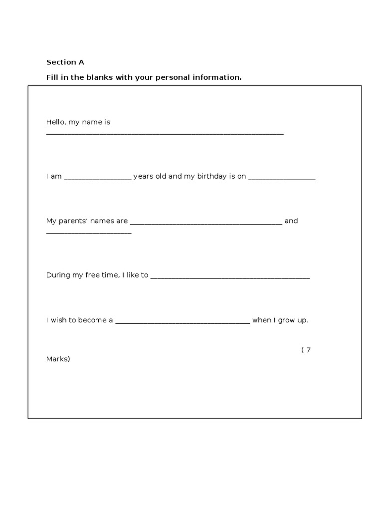 Section A Fill in The Blanks With Your Personal Information | PDF