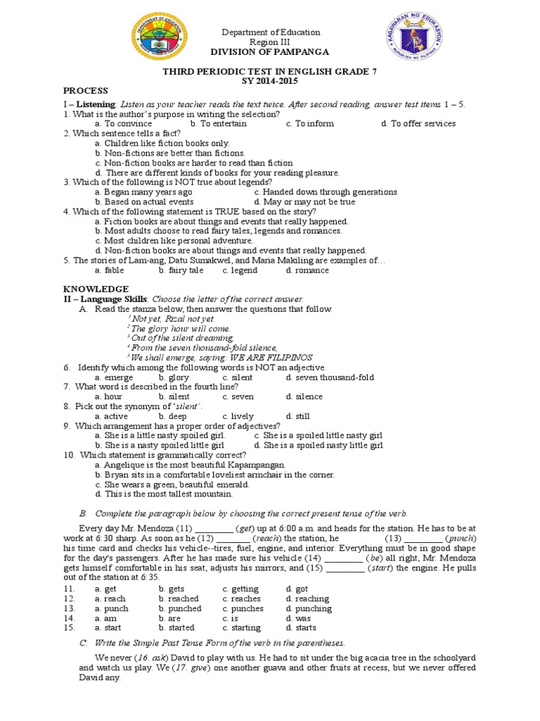 Grade 7 English Assessment Test Answers | PDF | English Language ...