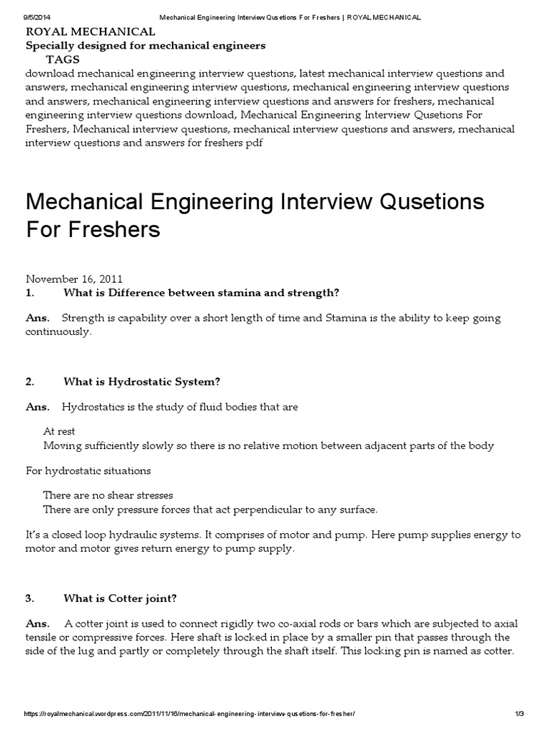 Mechanical Engineering Interview Qusetions For Freshers ROYAL