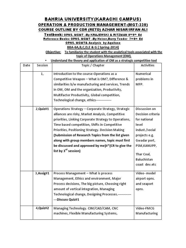 Operations Management Course Outline | PDF | Inventory | Operations ...