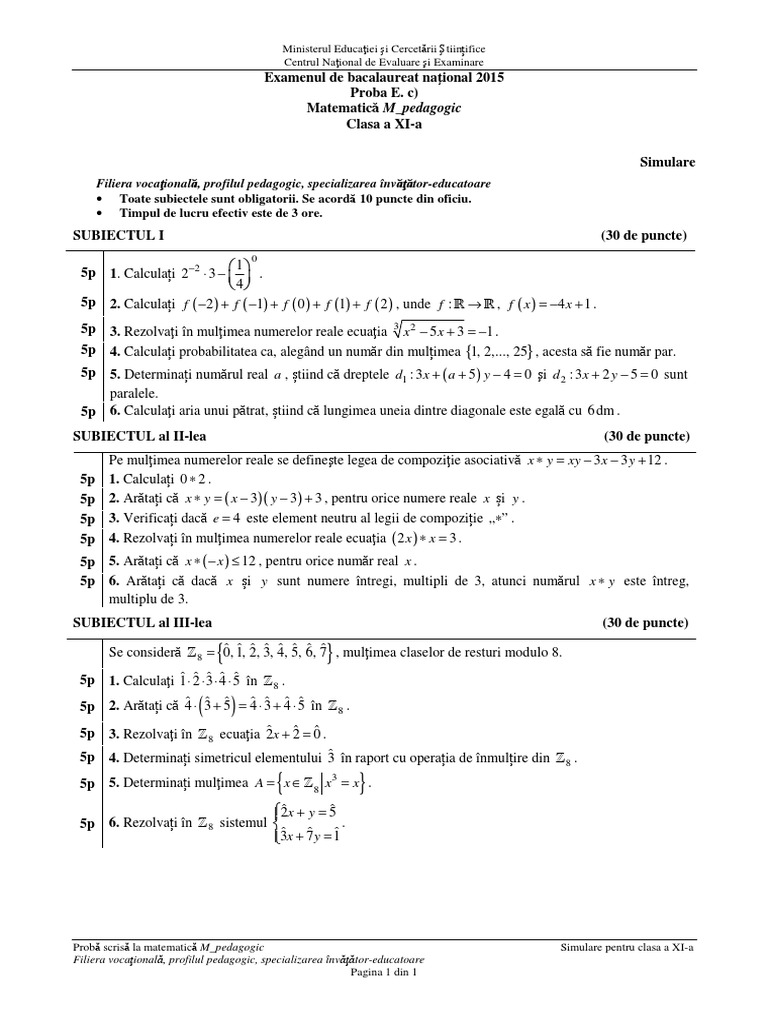 Simulare Matematica Pedagogic 2015 Clasa A XI-a | PDF