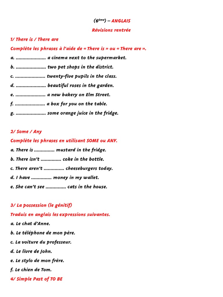 Le Génitif En Anglais Exercices 6ème Pdf Révisions Rentrée 6ème | PDF