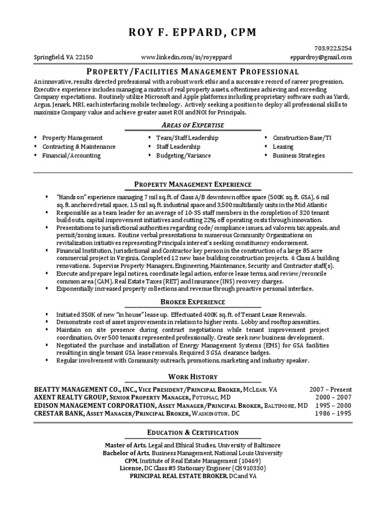 VP Property Management Real Estate in Washington DC Resume Roy Eppard
