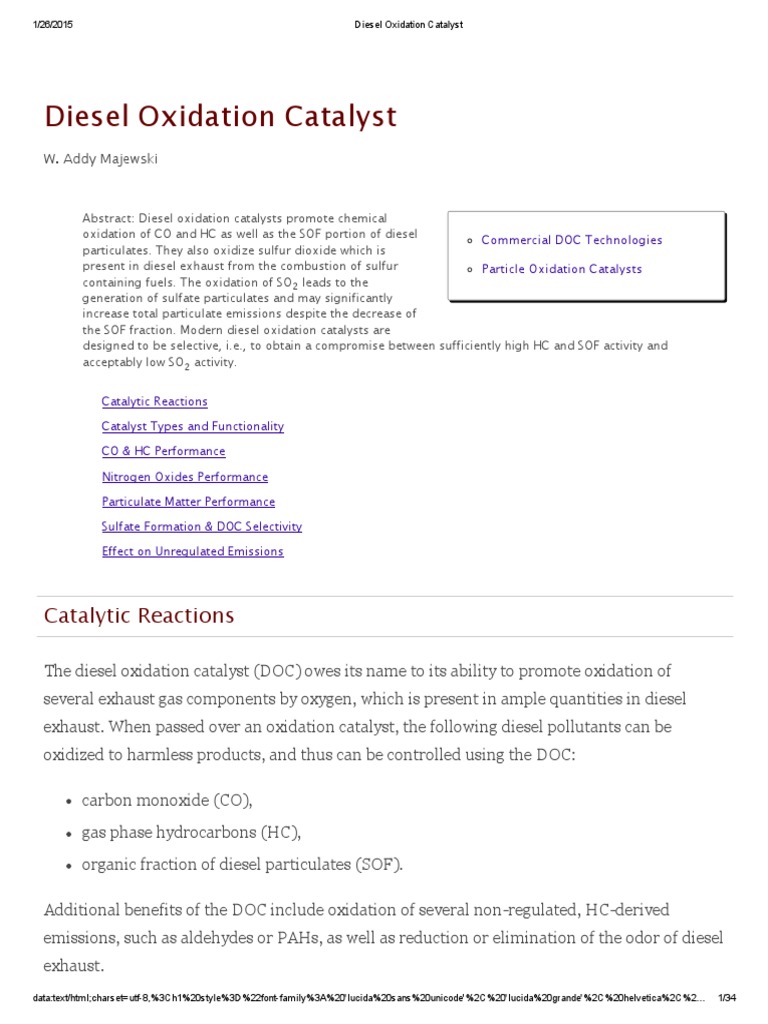 Diesel Oxidation Catalyst Theory Exhaust Gas Catalysis
