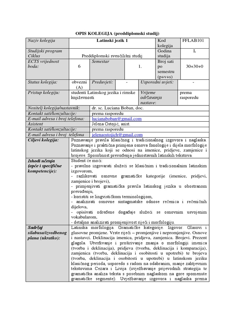 OPIS KOLEGIJA (Preddiplomski Studij) | PDF
