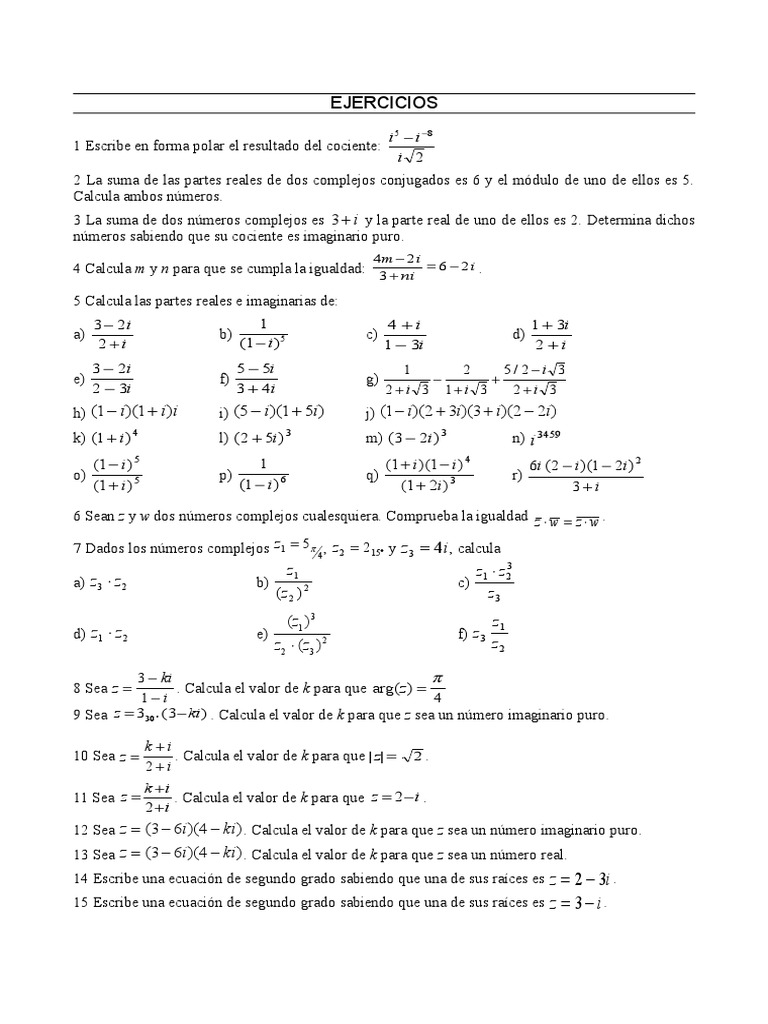 Ejercicios De Complejos Numero Complejo Ecuaciones