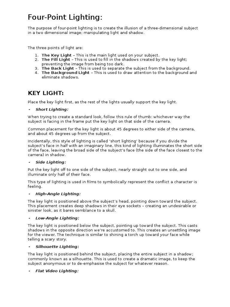Four-Point Lighting Techniques Explained | PDF | Shadow | Electrodynamics