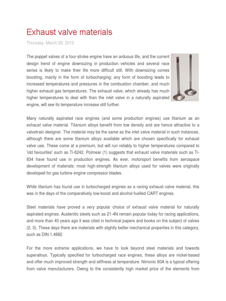 Exhaust Valve Materials PDF Turbocharger Internal Combustion Engine