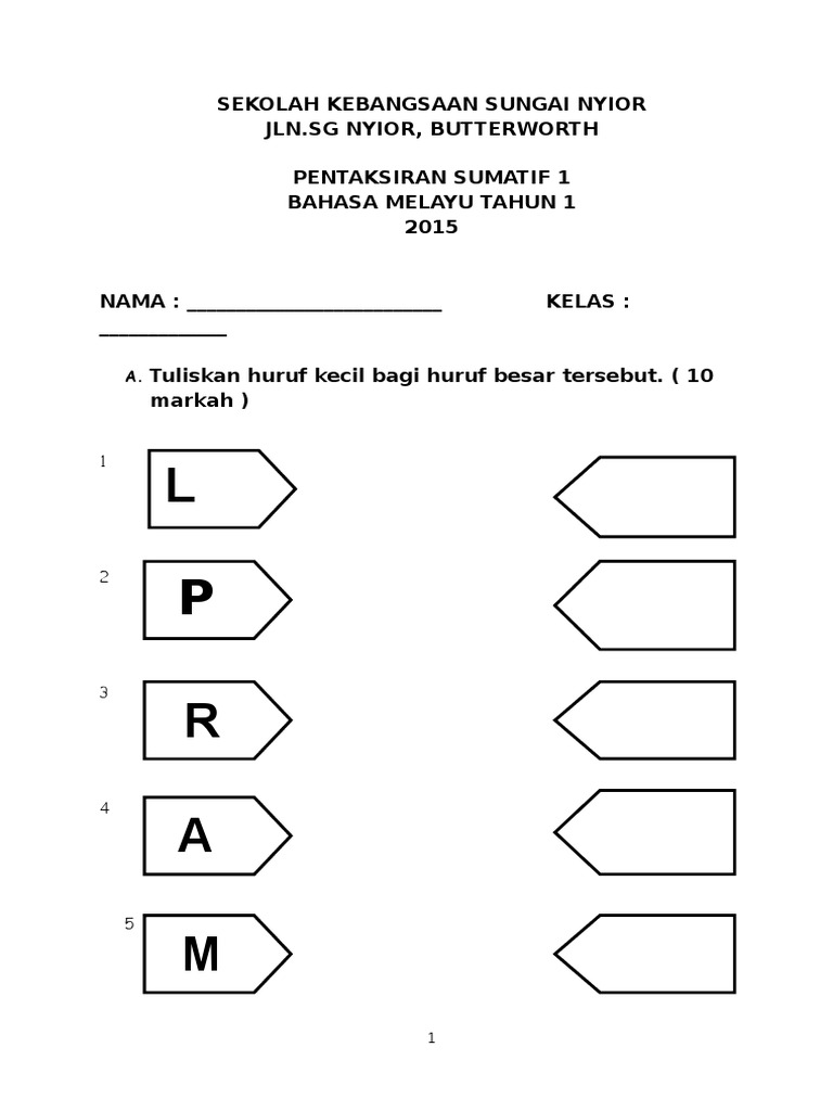 Soalan Saringan Masuk Darjah 1 - Kuora r