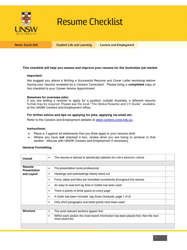 Info Sheet Resume Checklist Rebranded 2015 Resume Communication