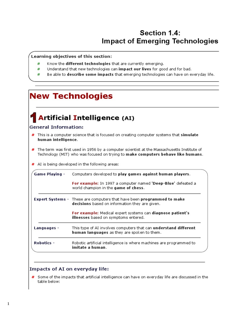 IGCSE ICT Emerging Technologies (For The New Syllabus) Artificial