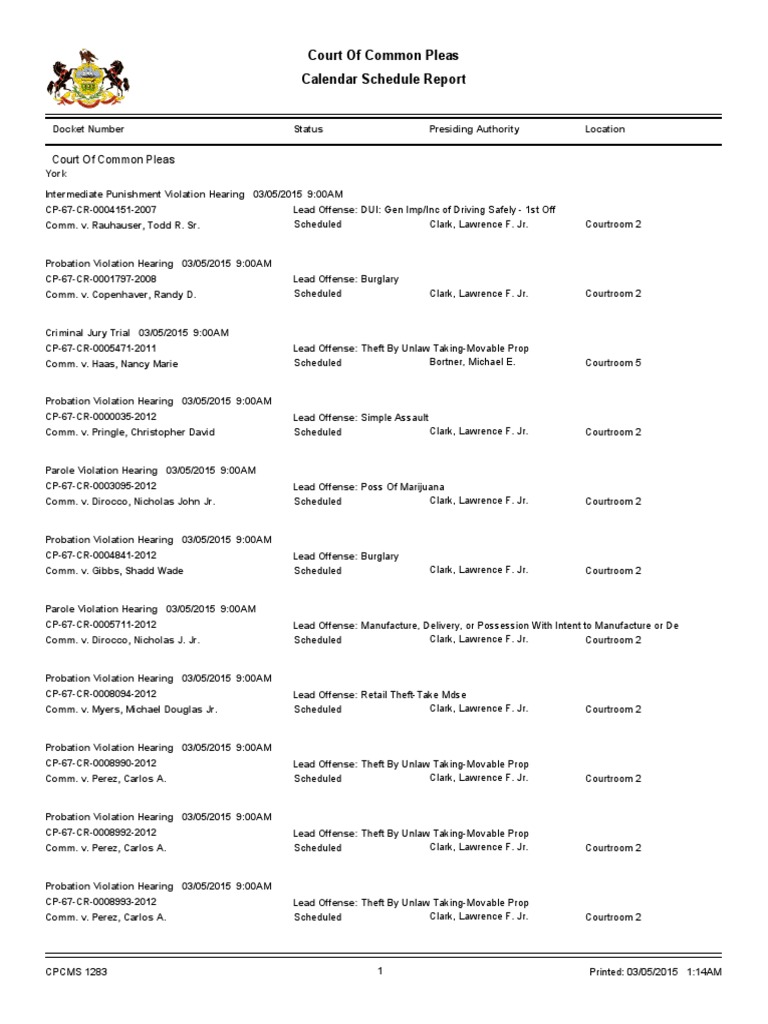 York County court schedule for 3/5/15 Probation Courtroom