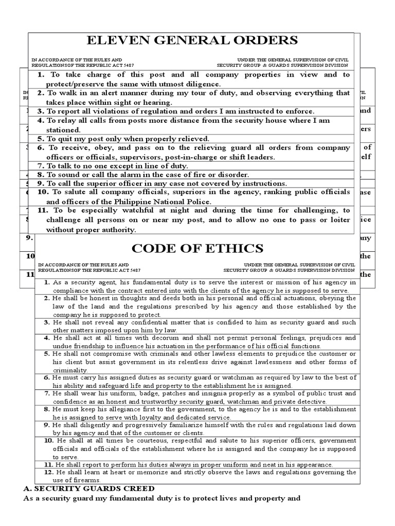 Eleven General Orders Ethics Conduct Pdf Security Guard Police