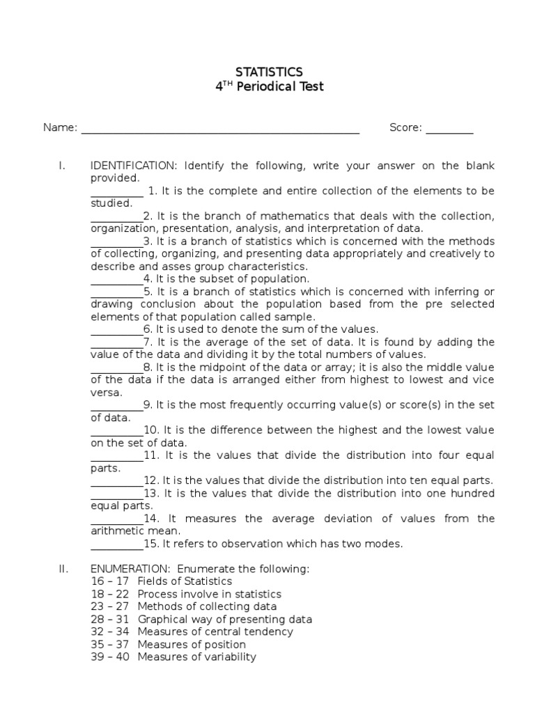 Statistics 4 Periodical Test | PDF