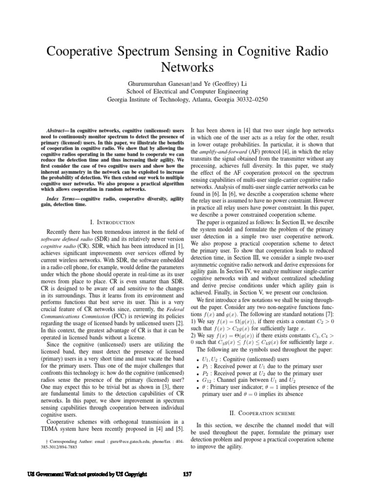 Cooperative Spectrum Sensing in Cognitive Radio Networks | PDF ...