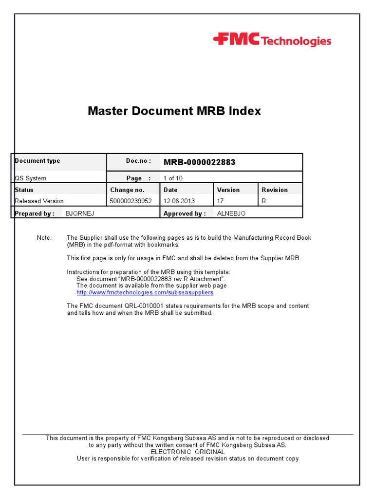 Master Document MRB Index Rev R Technology & Engineering Computing