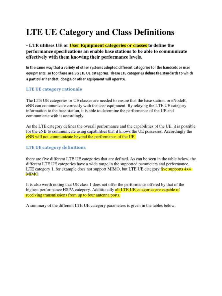 Lte Ue Category And Class Definitions Pdf