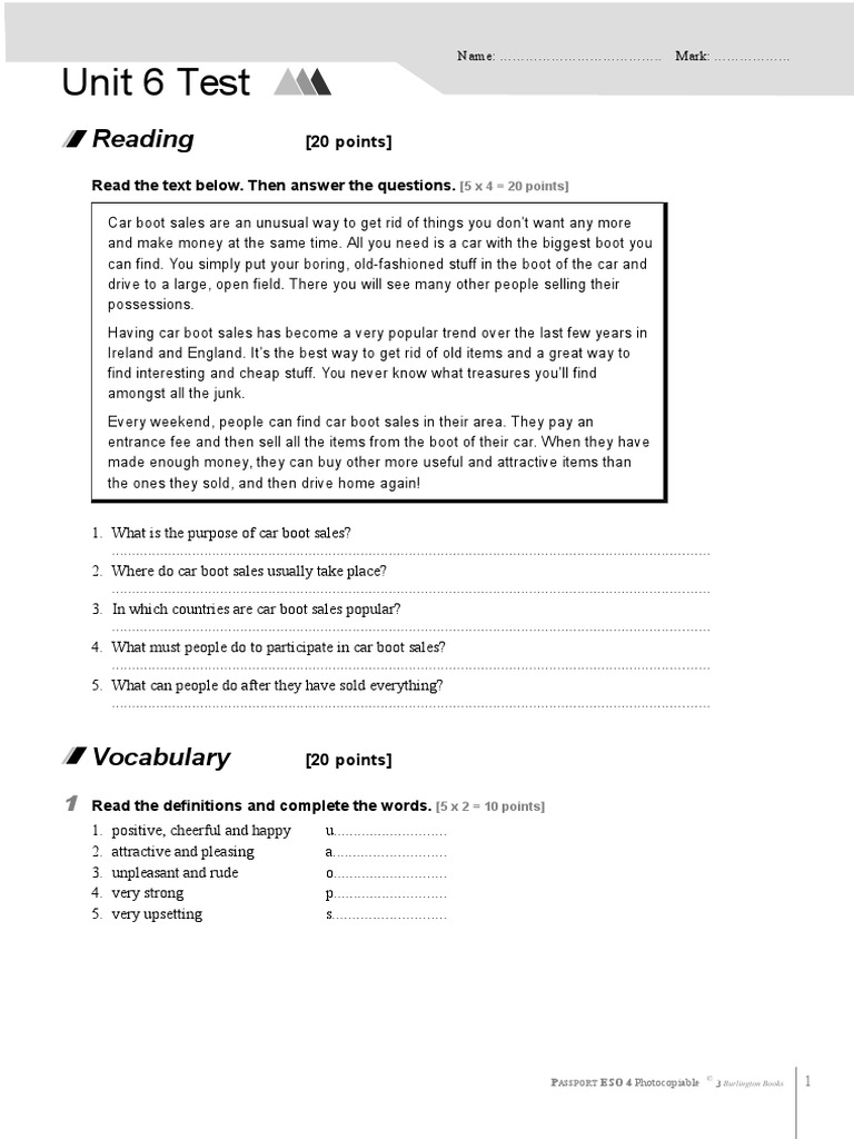 Unit 6 Test: Reading | PDF | Ellipsis | Grammar