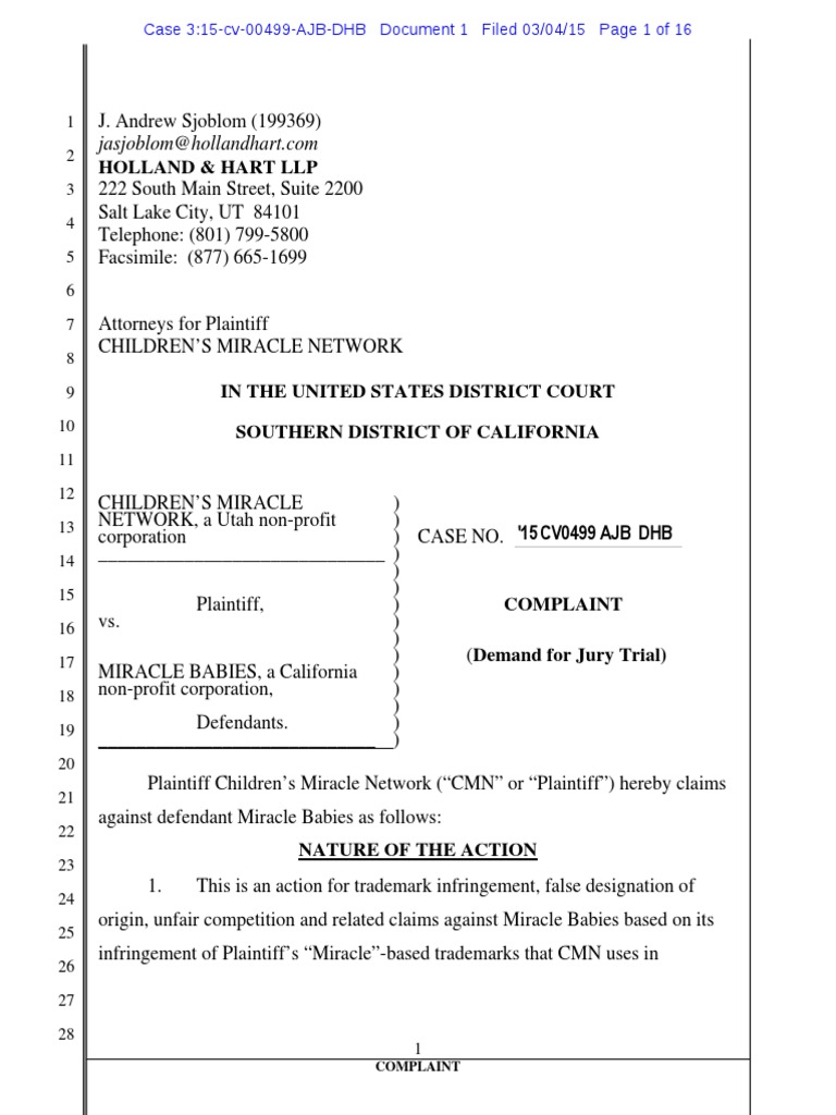 Children's Miracle Network v. Miracle Babies Trademark Complaint PDF