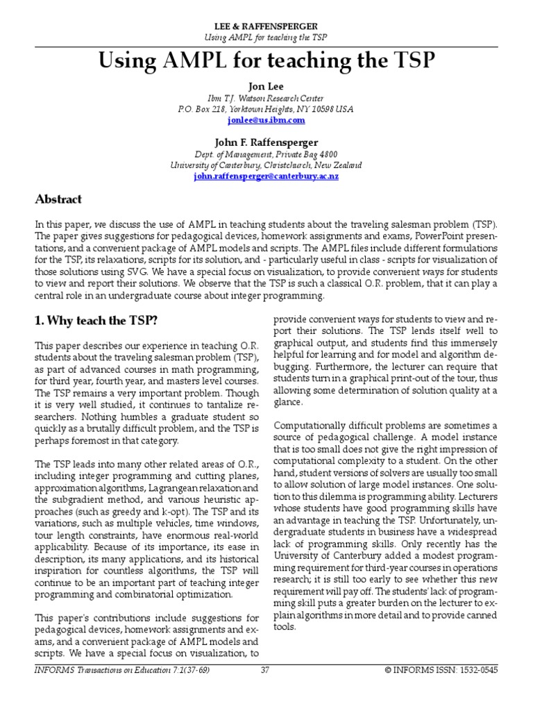 TSP Problem in AMPL Linear Programming Mathematical Optimization