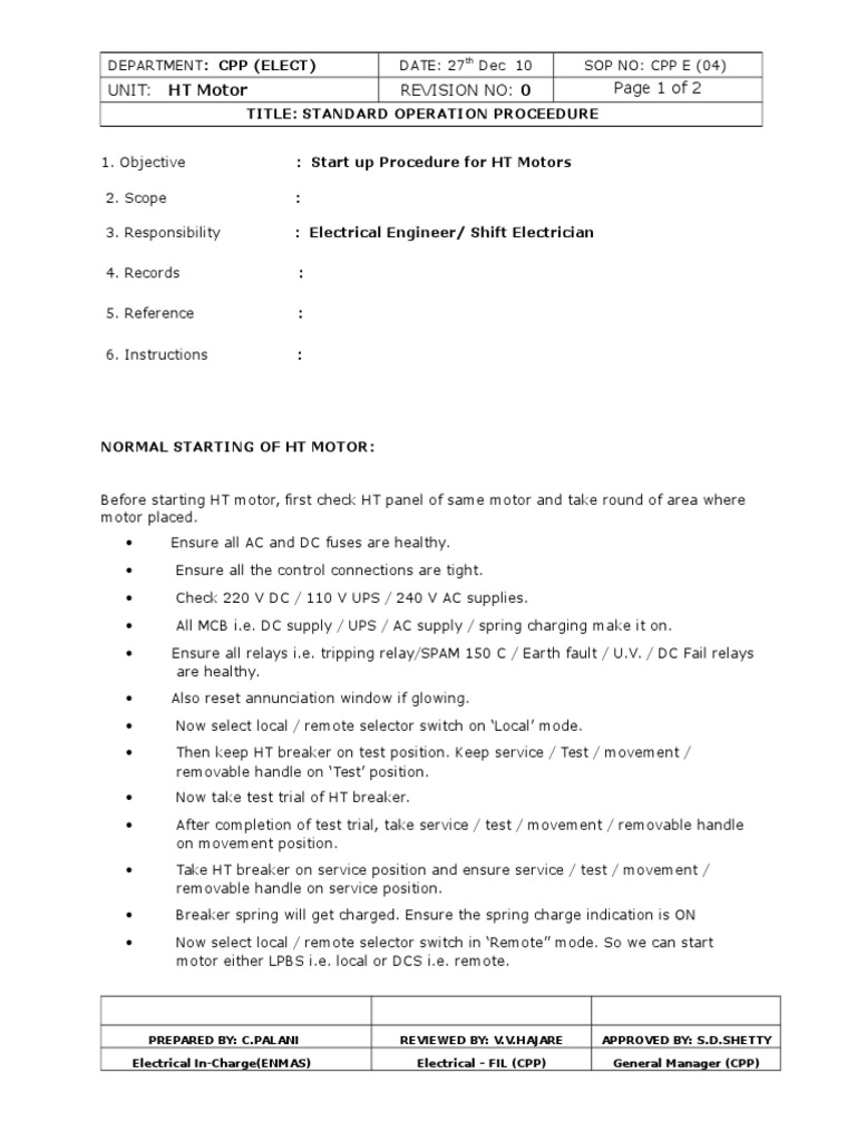 HT Motor Startup Procedure SOP | PDF