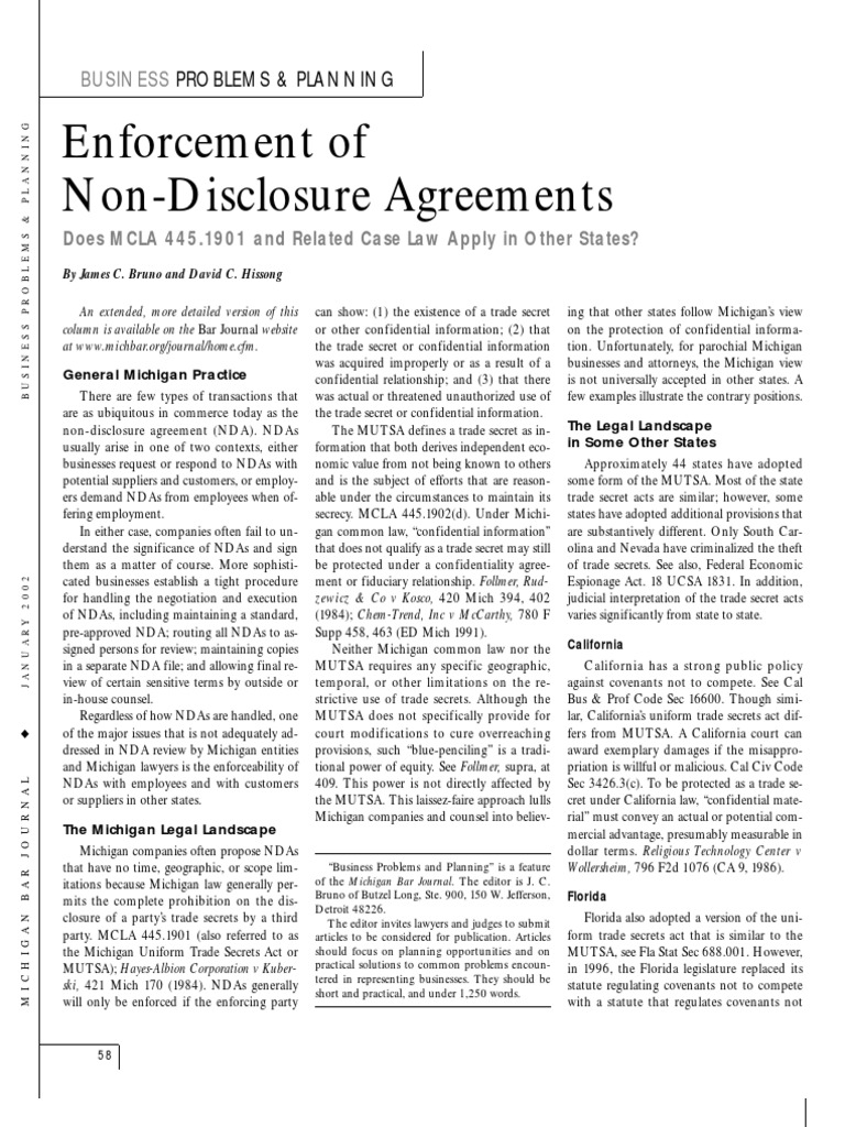 Enforcing NDAs Under Michigan Law | PDF | Non Disclosure Agreement ...