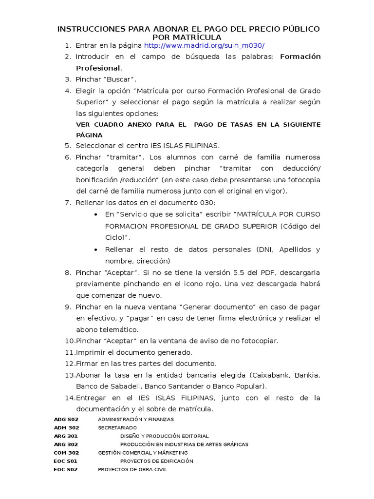 Instrucciones para Pago de Matrícula FP | PDF | Business