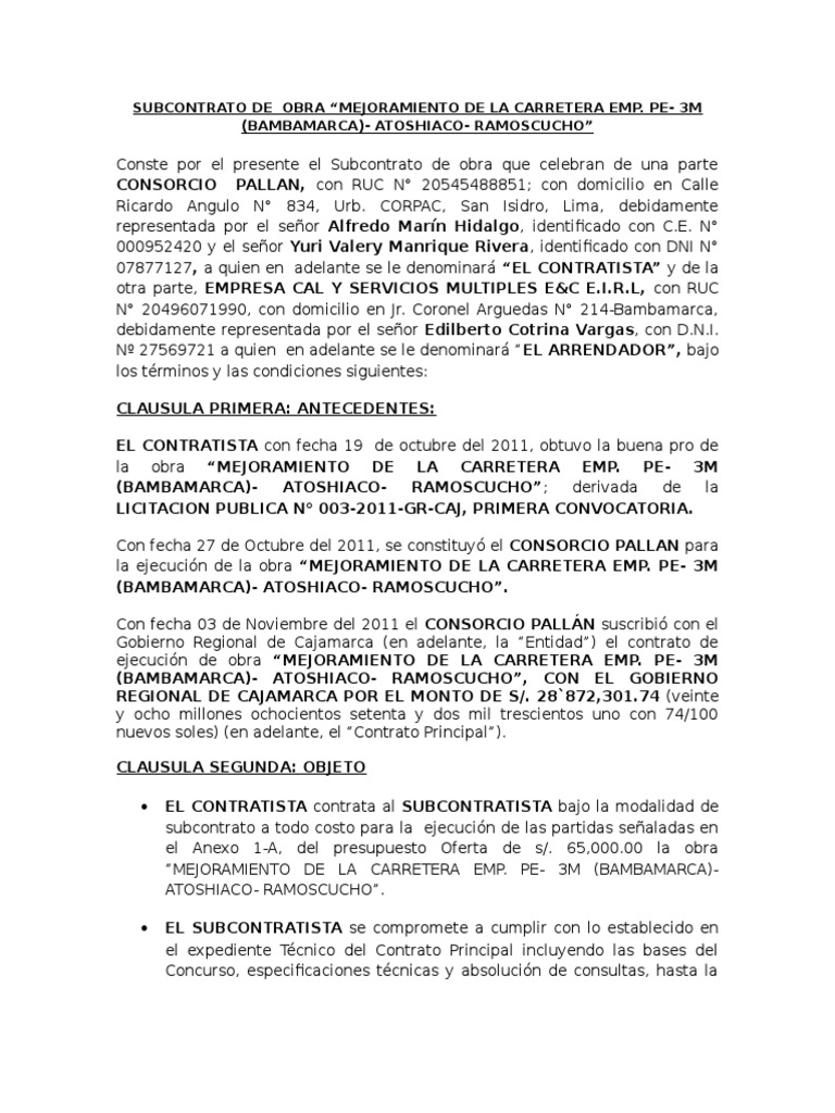 Subcontrato para Mejoramiento de Carretera | PDF | Póliza de seguros ...