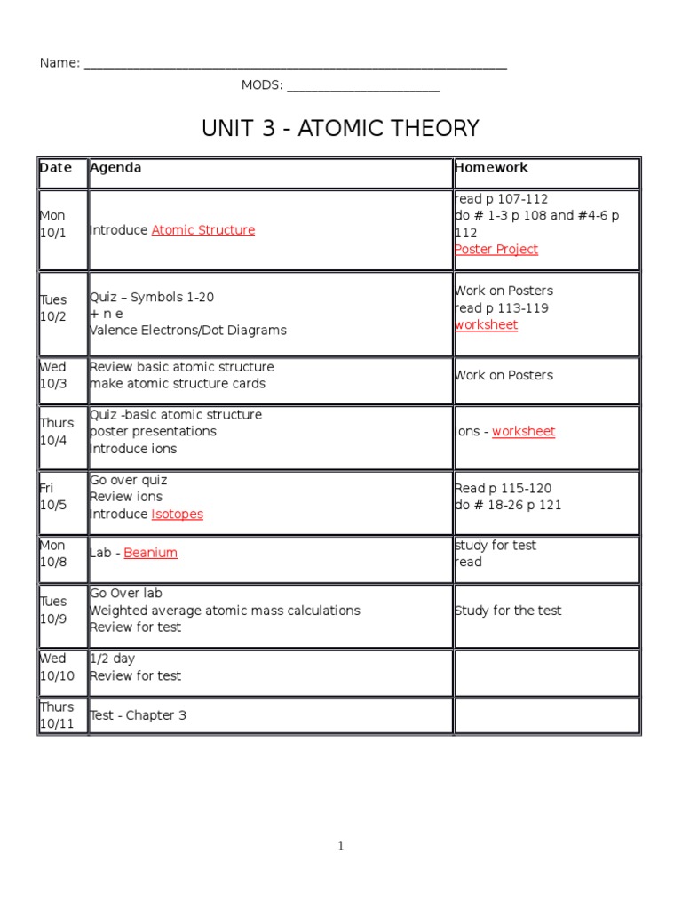 Packet Unit 3_Atomic StructureAnswers Chemistry Chemical Elements