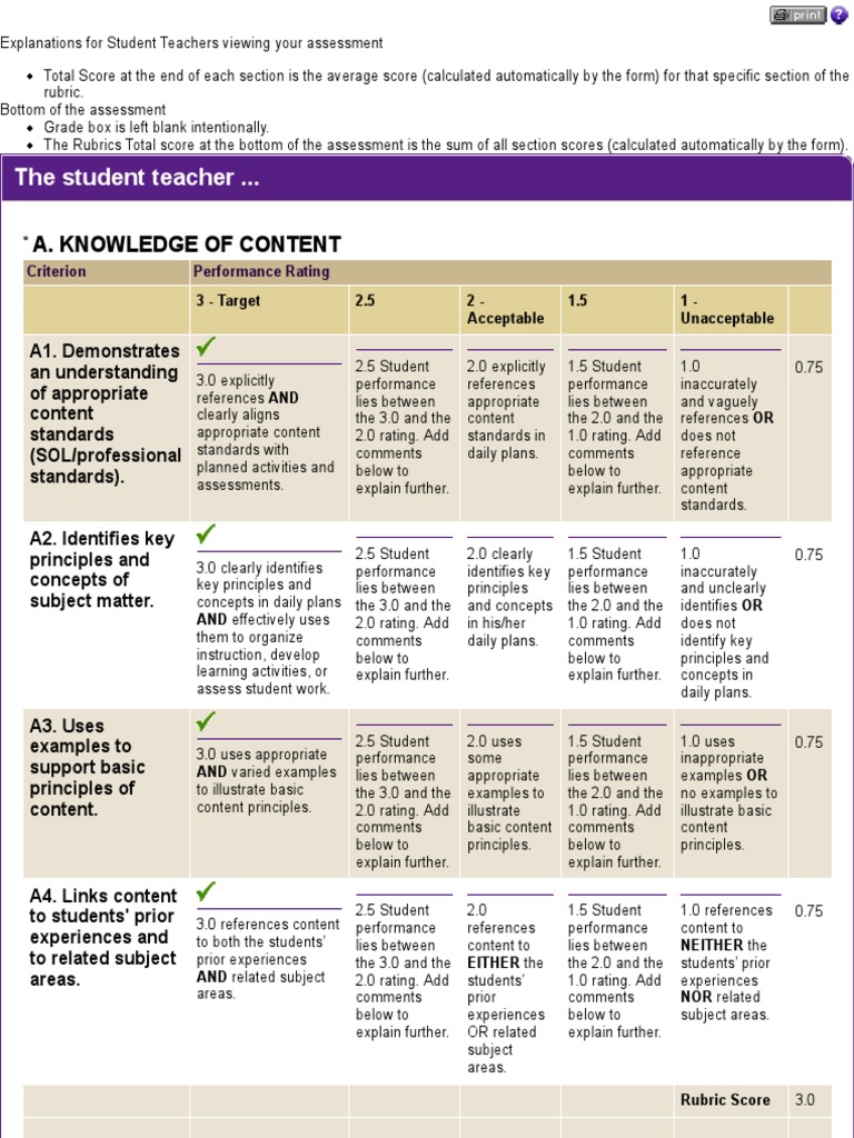 Student Teacher Assessment Rubric Guide | PDF | Educational Assessment ...