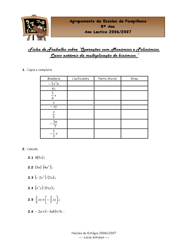 Ficha de Monómios e Polinómios 8º Ano | PDF