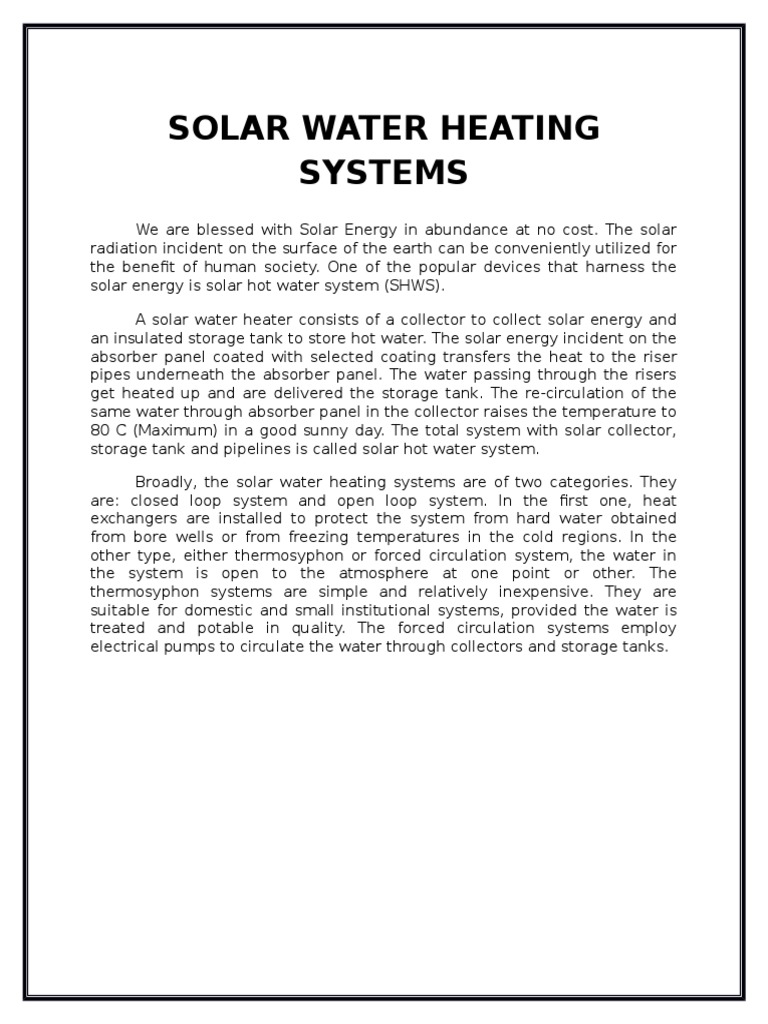Solar Water Heating System | PDF | Solar Energy | Water Heating