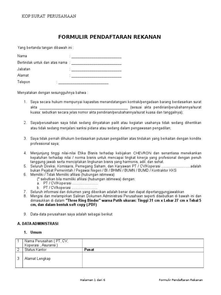 Formulir Pendaftaran Rekanan Vendor | PDF | Bisnis | Pengelolaan ...