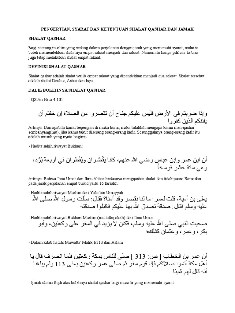 Pengertian Syarat Dan Ketentuan Shalat Qashar Dan Jamak