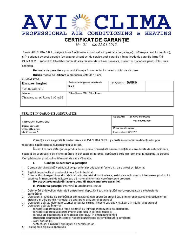 Certificat de Garantie Model | PDF