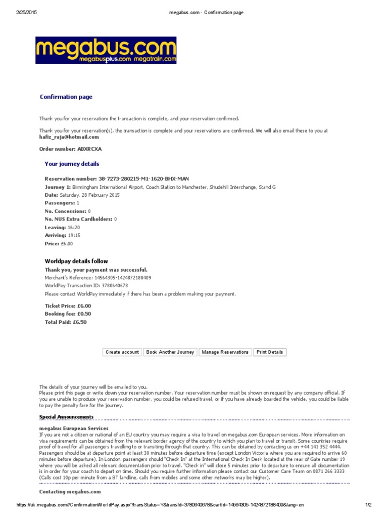 Megabus Reservation Confirmation Details | PDF | Public Transport ...