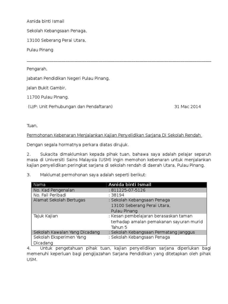 Permohonan Kebenaran Menjalankan Kajian Penyelidikan Sarjana Di Sekolah Rendah Pdf