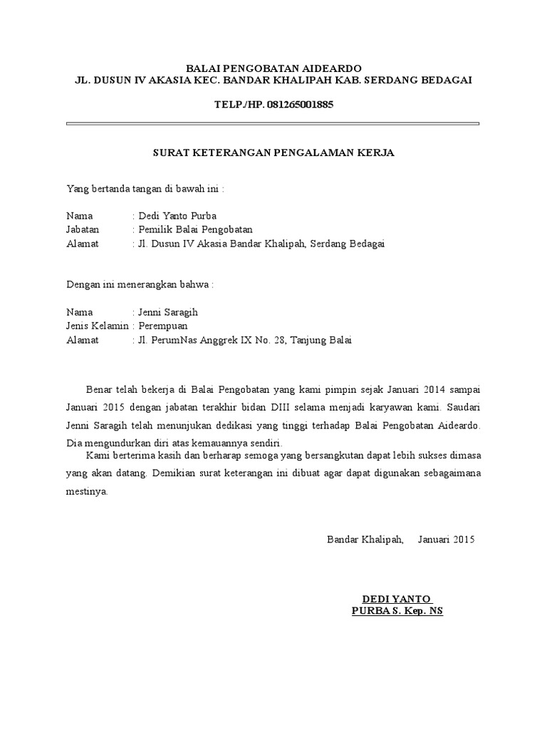 Surat Pengalaman Kerja Di Klinik Pdf