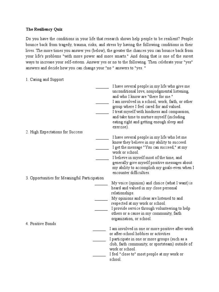 The Resiliency Quiz.docx | Psychological Resilience | Self Esteem