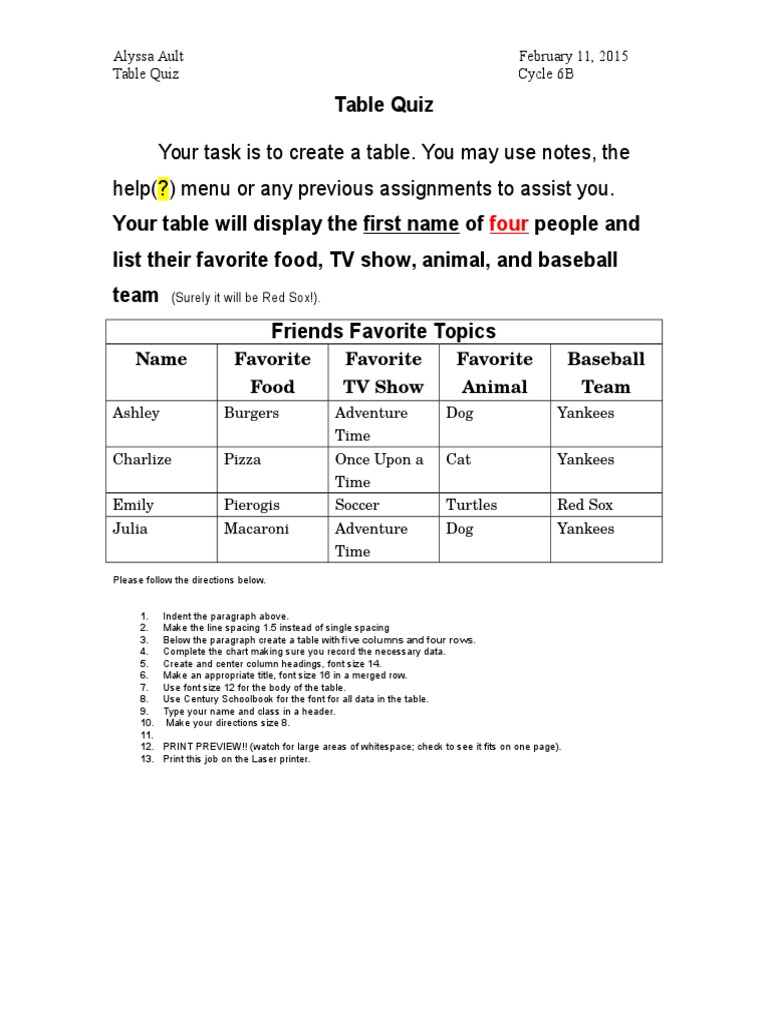Table Quiz: Favorite Topics Chart | PDF | Sports & Recreation ...