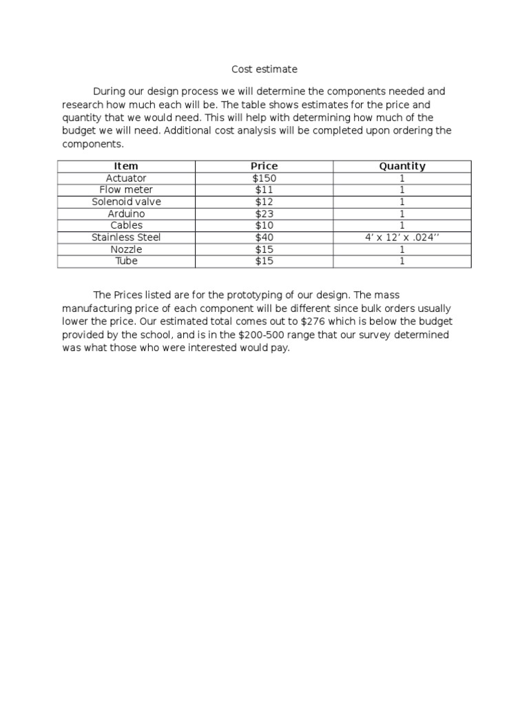 Cost Estimate for Prototype Components | PDF