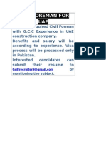 Civil Foreman For UAE: by Mentioning The Subject