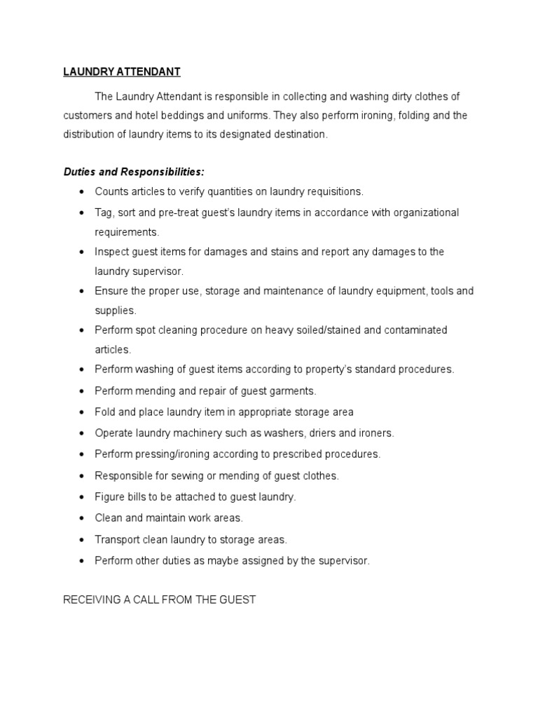 Laundry Attendant Duties and Responsibilities PDF Washing Machine Shirt